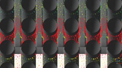 R52-D-Simulation numérique de l’écoulement le long des tubes d’un générateur de vapeur.  Ce zoom montre les zones de contact entre les tubes (ronds) et les barres anti-vibratoires (rectangles)